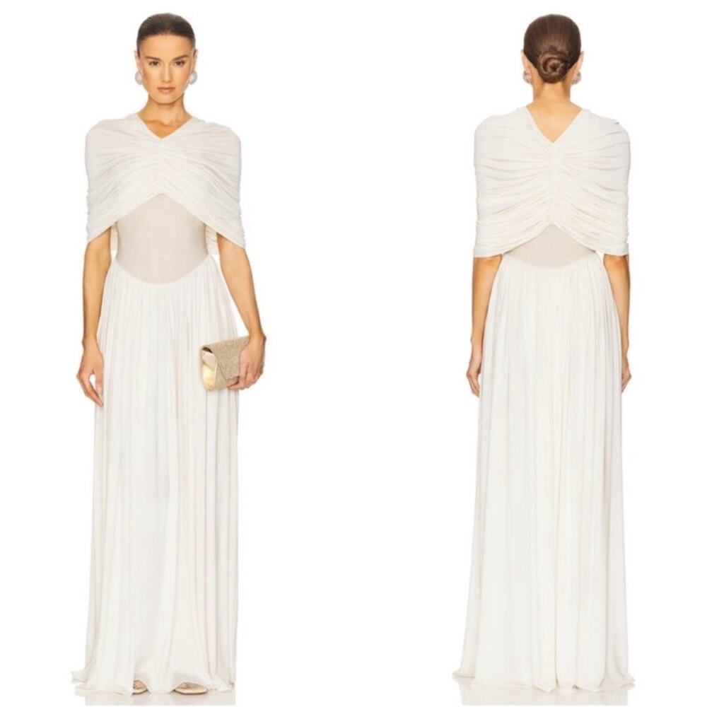 HELSA Philomena Jersey Ruched Draped Over the Shoulder White Maxi Dress Sz Small